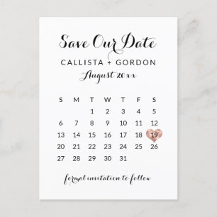 Elegant Modern Svart Rosa Guld Hjärtkalender Meddelande Vykort
