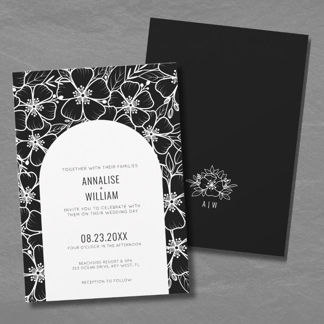 Elegant Modern Svart Vit Blommig Bröllop Inbjudningar (Elegant Modern Black White Floral Wedding Invitation)