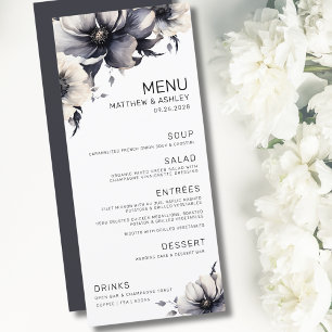Elegant Modern Svart Vit Blommig Bröllop Meny