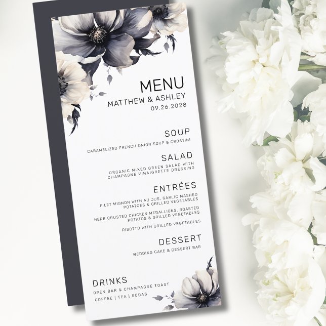 Elegant Modern Svart Vit Blommig Bröllop Meny (Simple Elegant Modern Floral Black White Wedding Menu)