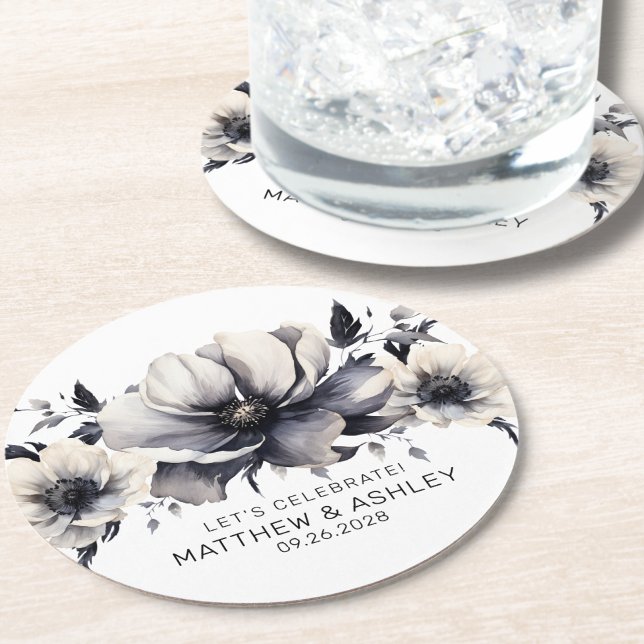 Elegant Modern Svart Vit Blommig Bröllop Underlägg Papper Rund (Chic Elegant Date Boho Floral Black White Wedding Round Paper Coaster)