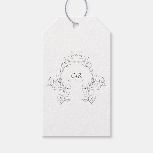 Elegant Modern Svart/Vit Blommig Krans Presentetikett (Framsidan)