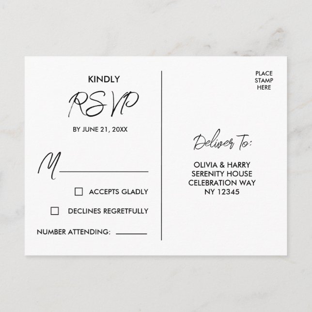 Elegant modern svart-vit RSVP-postkort Vykort (Baksida)
