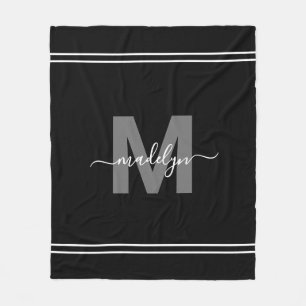 Elegant Modern Svart Vit Skrift Namn Monogram Fleecefilt