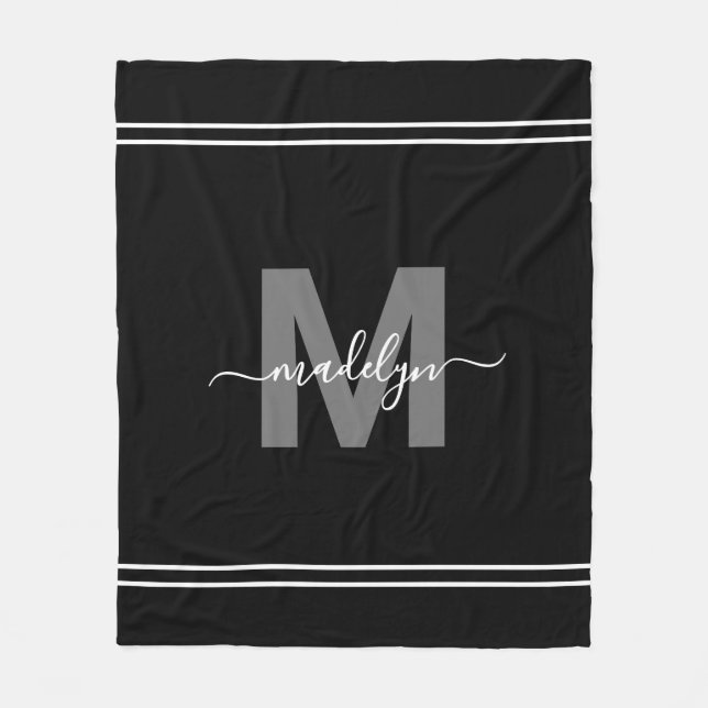 Elegant Modern Svart Vit Skrift Namn Monogram Fleecefilt (Framsidan)
