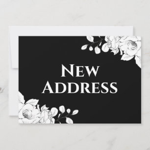 Elegant Modern Svart Vitt Blommig Ny Adress Meddelande