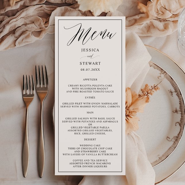 Elegant modern svartvit kalligrafi bröllop meny (Elegant modern black white calligraphy wedding menu)