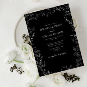 Elegant Modern svartvit minimal Löv Bröllop Inbjudningar