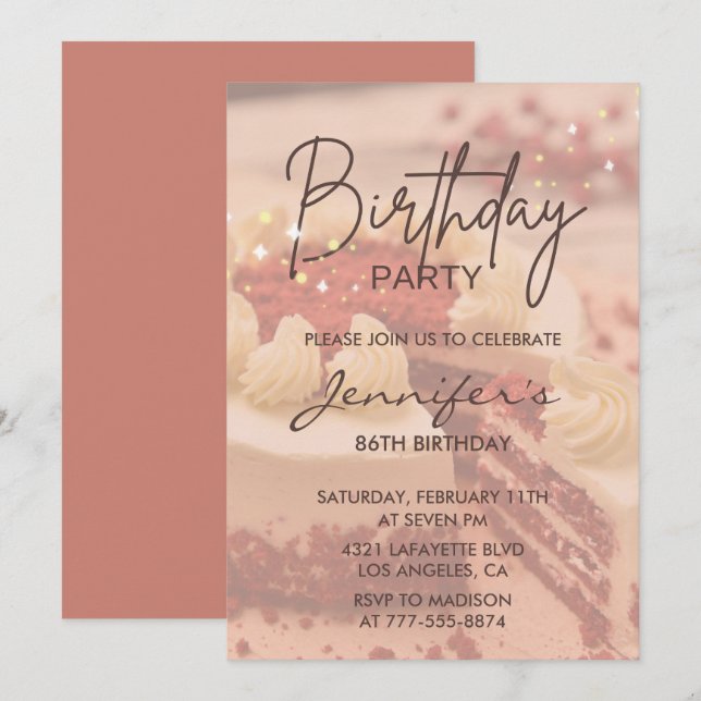 Elegant Modern Tårta Glitter 86-årsdag Inbjudningar (Fram/baksida)