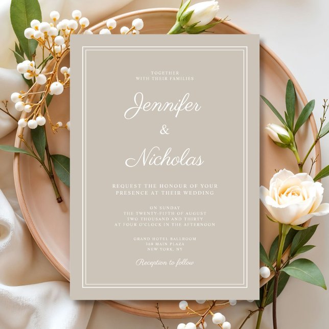 Elegant Modern Taupe Bröllop Inbjudningar (Elegant Modern Taupe Script Wedding Invitation)