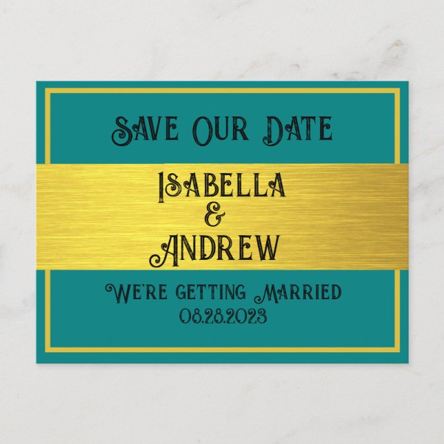 Elegant Modern Teal & Guld Bröllop spara datum Vykort (Framsida)