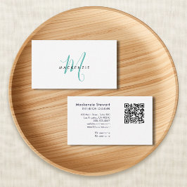 Elegant Modern Teal Script Monogram QR-kod Företag Visitkort