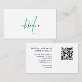 Elegant Modern Teal Script Monogram QR-kod Företag Visitkort
