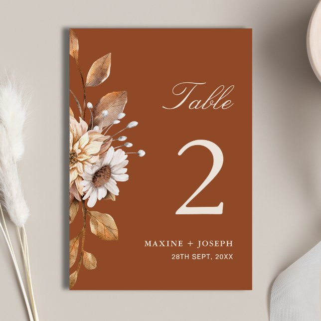 Elegant Modern Terrakotta Blommig Boho Höstbröllop Bordsnummer (Terracotta floral table numbers add warm elegance and guide guests with style.)