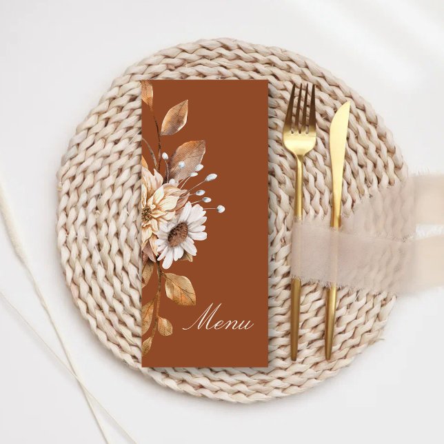 Elegant Modern Terrakotta Blommig Boho Höstbröllop Meny (Terracotta floral wedding menus add elegant charm to your fall reception tables.)