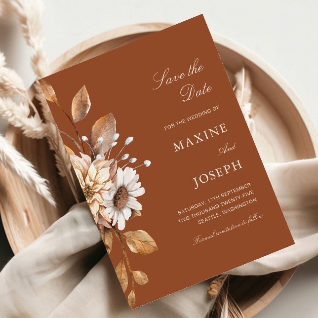 Elegant Modern Terrakotta Blommig Boho Höstbröllop Spara Datumet (Terracotta floral save the dates build excitement for your elegant fall wedding.)