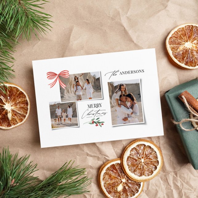 Elegant modern traditionell röd båge multifoto julkort (Skapare uppladdad)