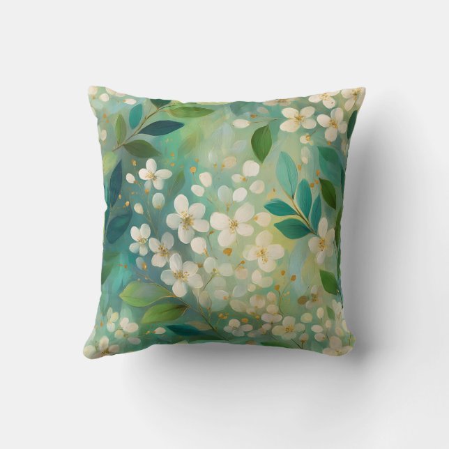 Elegant Modern Trendig Stilren Grön Vit Blommig Kudde (Baksida)
