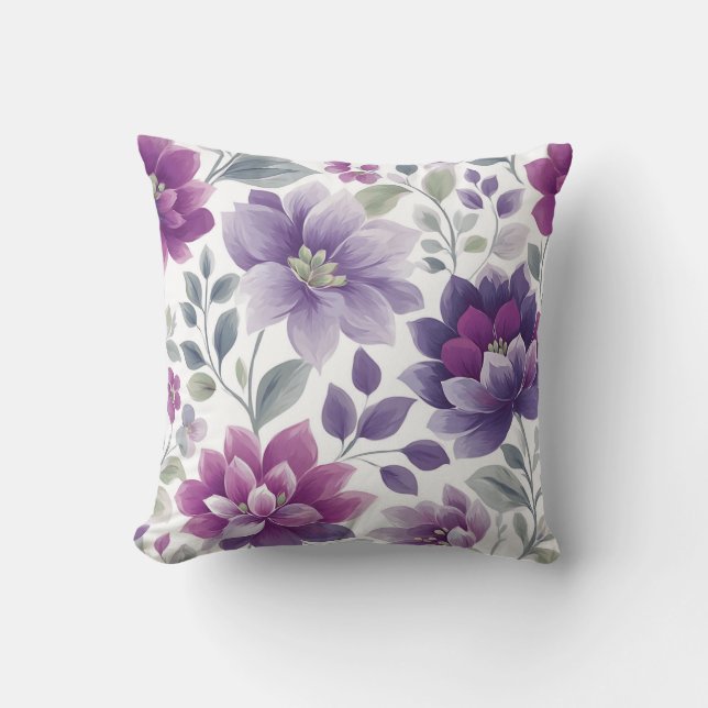 Elegant Modern Trendig Stilren Lila Vit Blommig Kudde (Framsida)