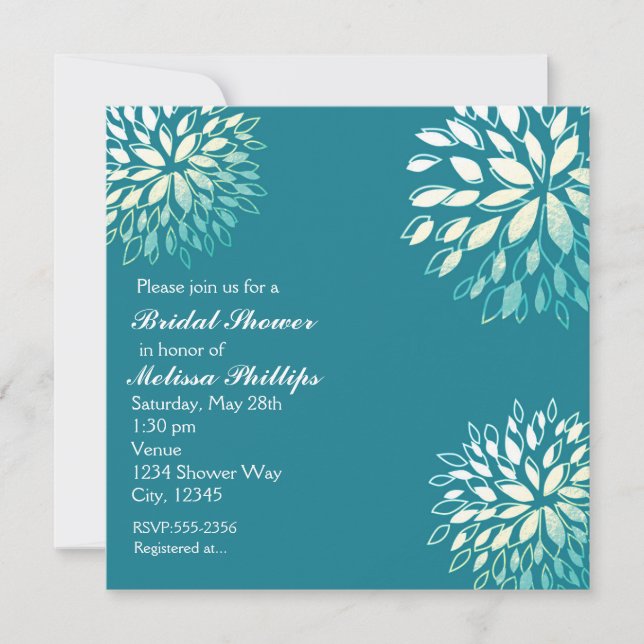 Elegant Modern Turkos Teal Silver Blommig Inbjudan (Framsida)