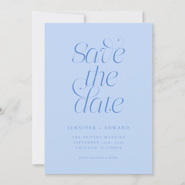 Elegant Modern Typografi Icy Blue Bröllop Spara Datumet (Framsida)