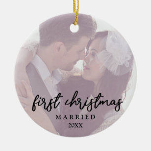 Elegant modern vårt första gift julfoto julgransprydnad keramik