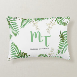 Elegant modern vattenfärg grönska scriptmonogram prydnadskudde