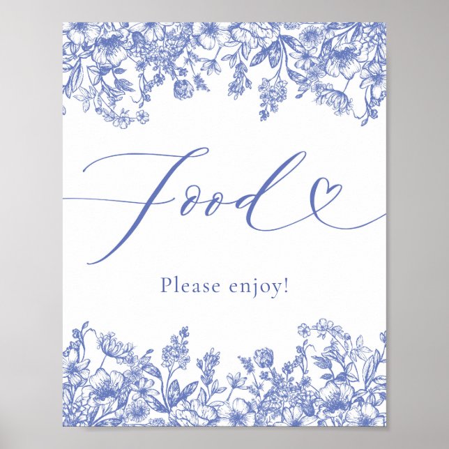 Elegant Modern Victorian Blue Blommigt Food Sign Poster (Framsidan)