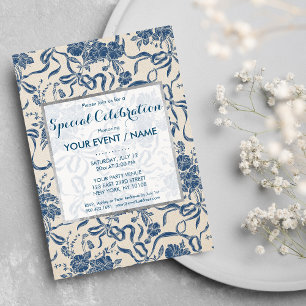 Elegant Modern Vintage Elfenbensvit Marinblå Blomm Inbjudningar