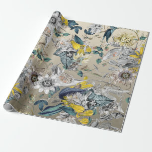 Elegant Modern Vintage Guld Grått Gult Blommigt  Presentpapper