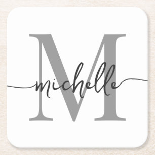 Elegant Modern Vit Grå Monogram Namn Skrift Underlägg Papper Kvadrat