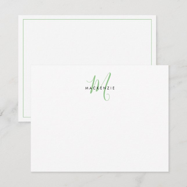 Elegant Modern Vit Grön Skript Monogram Anteckningskort (Fram/baksida)