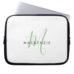 Elegant Modern Vit Grön Skript Monogram Laptop Fodral
