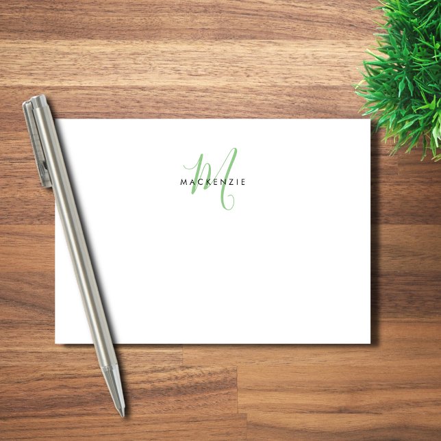 Elegant Modern Vit Grön Skript Monogram Post-it Block (Skapare uppladdad)