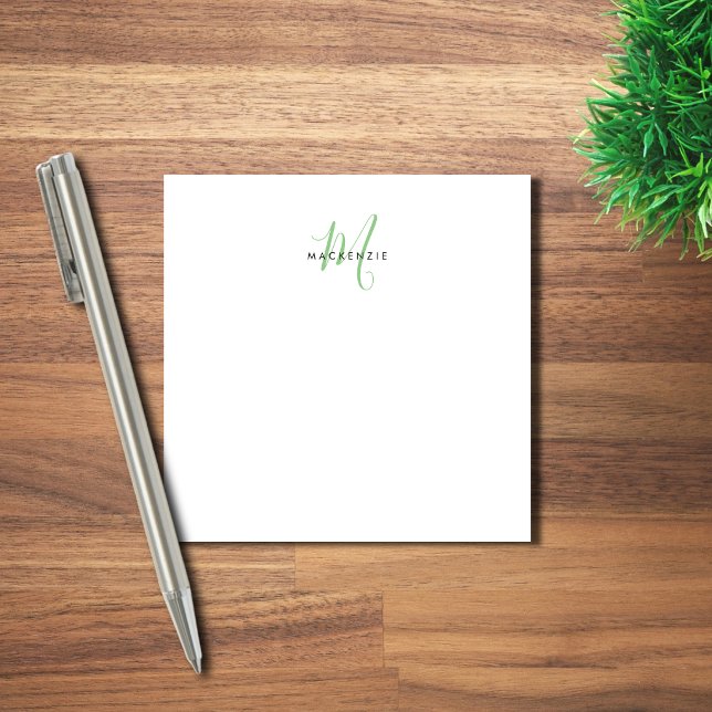 Elegant Modern Vit Grön Skript Monogram Post-it Block (Skapare uppladdad)