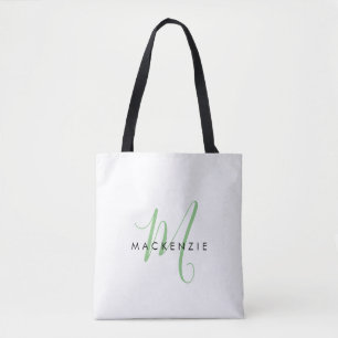 Elegant Modern Vit Grön Skript Monogram Tygkasse