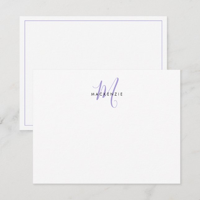 Elegant Modern Vit Lavendel Skript Monogram Anteckningskort (Fram/baksida)