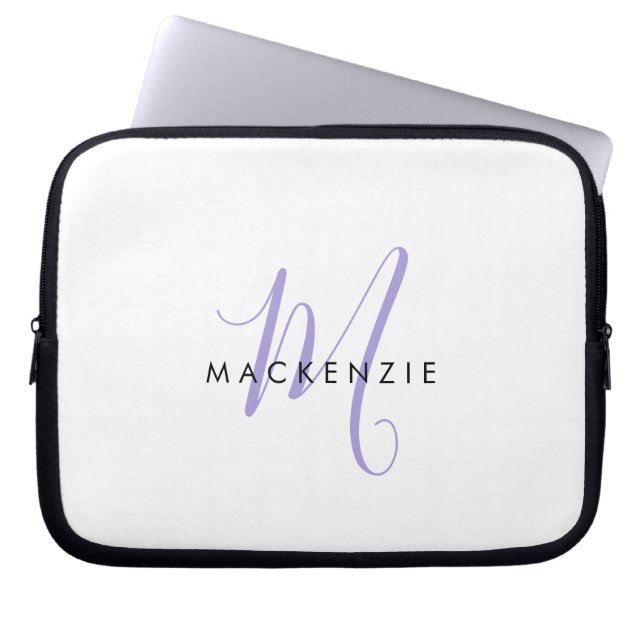 Elegant Modern Vit Lavendel Skript Monogram Laptop Fodral (Framsidan)