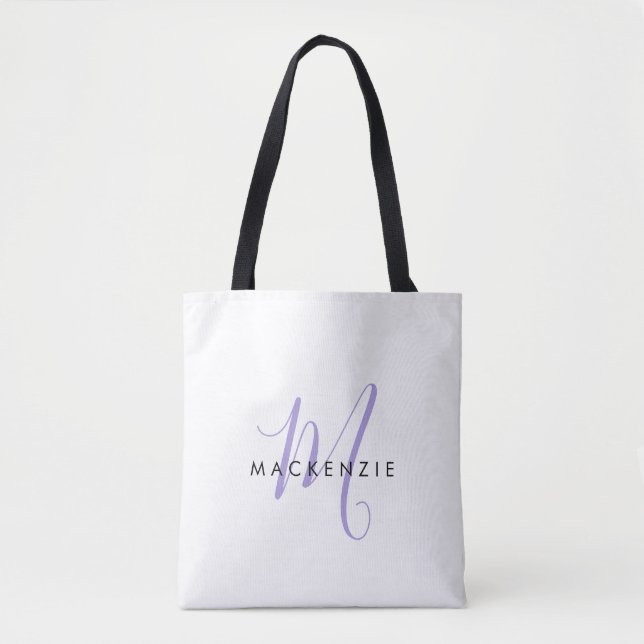 Elegant Modern Vit Lavendel Skript Monogram Tygkasse (Framsida)