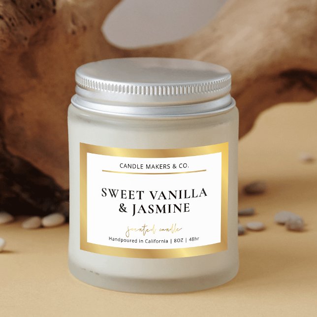Elegant Modern Vit och Guld-förpackningsljusetiket Mat Etiketter (Trendy and chic gold foil effect rectangle candle labels)