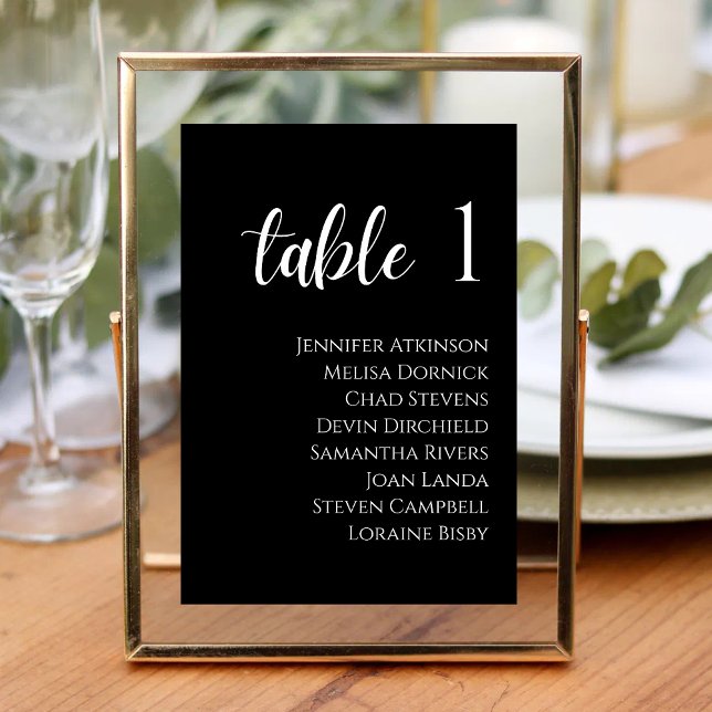 Elegant modern vit och svart bröllopsskrift bordsnummer (Elegant script white and black table number adds timeless style to your wedding tables.)