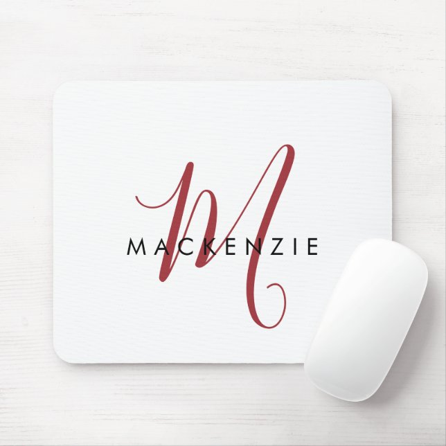 Elegant Modern Vit Röd Script Monogram Musmatta (Med mus)