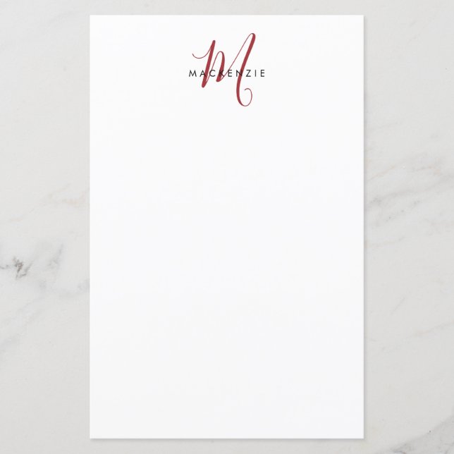 Elegant Modern Vit Röd Script Monogram Papper (Framsida)