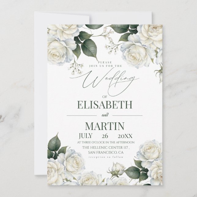 Elegant Modern Vit Ros Blommig Bröllop Inbjudningar (Framsida)