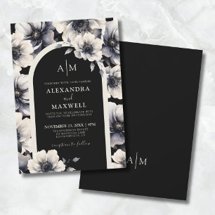 Elegant Modern Vit Svart Blommig Bröllop Inbjudningar