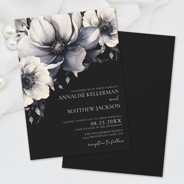 Elegant Modern Vit Svart Blommig Bröllop Inbjudningar (Elegant Modern White Black Floral Wedding Invitation)