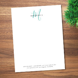 Elegant Modern Vit Teal Skriftmonogram Brevhuvud