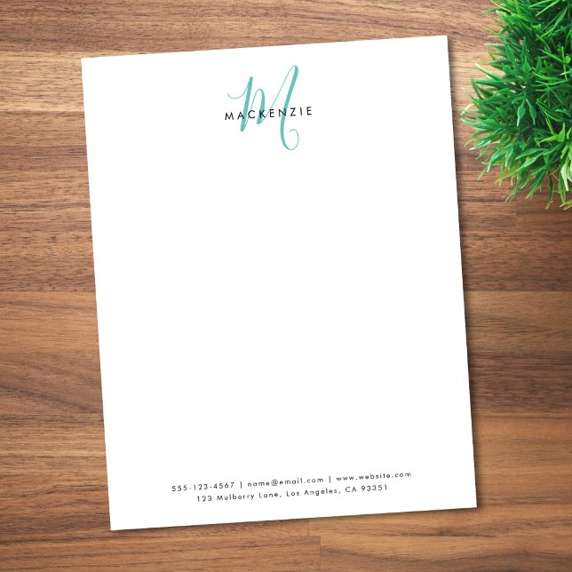 Elegant Modern Vit Teal Skriftmonogram Brevhuvud (Skapare uppladdad)