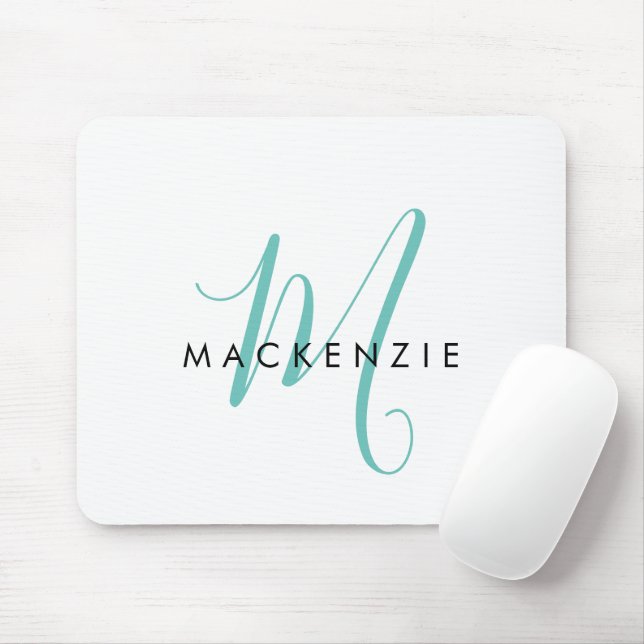 Elegant Modern Vit Teal Skriftmonogram Musmatta (Med mus)
