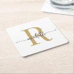 Elegant Modern Vitguld Initial Namn Script Underlägg Papper Kvadrat<br><div class="desc">Flickaktig Elegant Modern Vit och Guld Monogram Initial Namn Signatur Script Anpassad Personlig Fyrkantig Pappers Coaster. Denna design med ditt förnamn i en snygg handskriven stiliskt svansfont typografi (eller kalligrafi) med monogram initial i guld och svart på vit färgbakgrund. Lätt att anpassa den. Stor snygg kvinnlig husvärmegåva, även för födelsedag,...</div>
